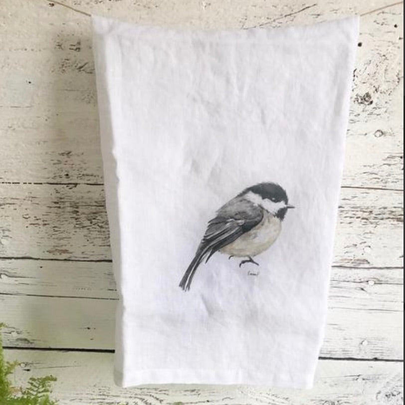 Chickadee French Linen Tea Towel