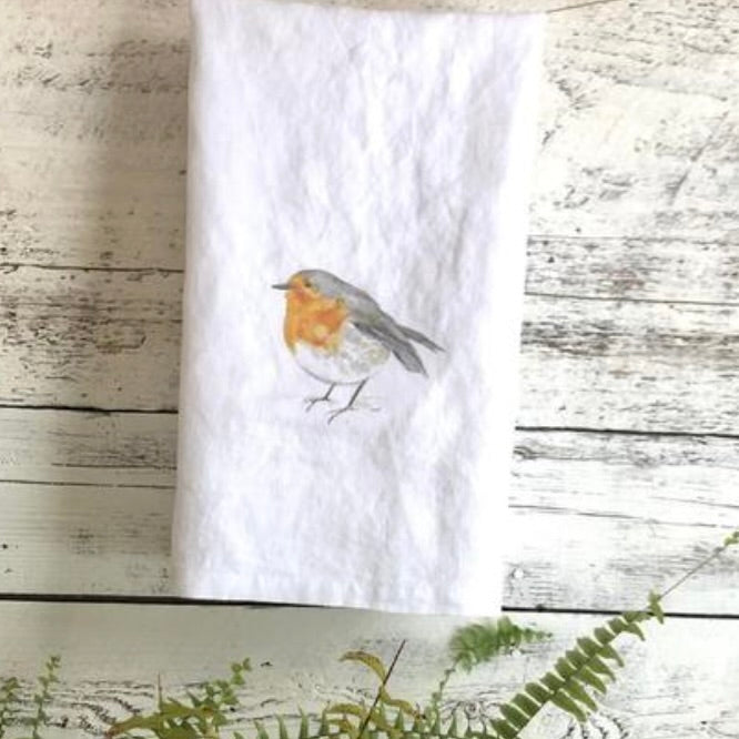 English Robin French Linen Tea Towel