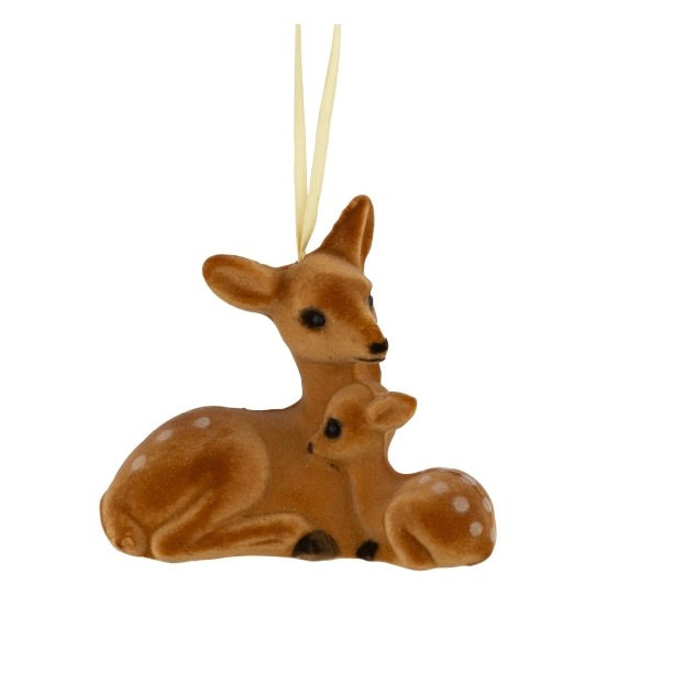 Flocked Doe and Fawn Ornament