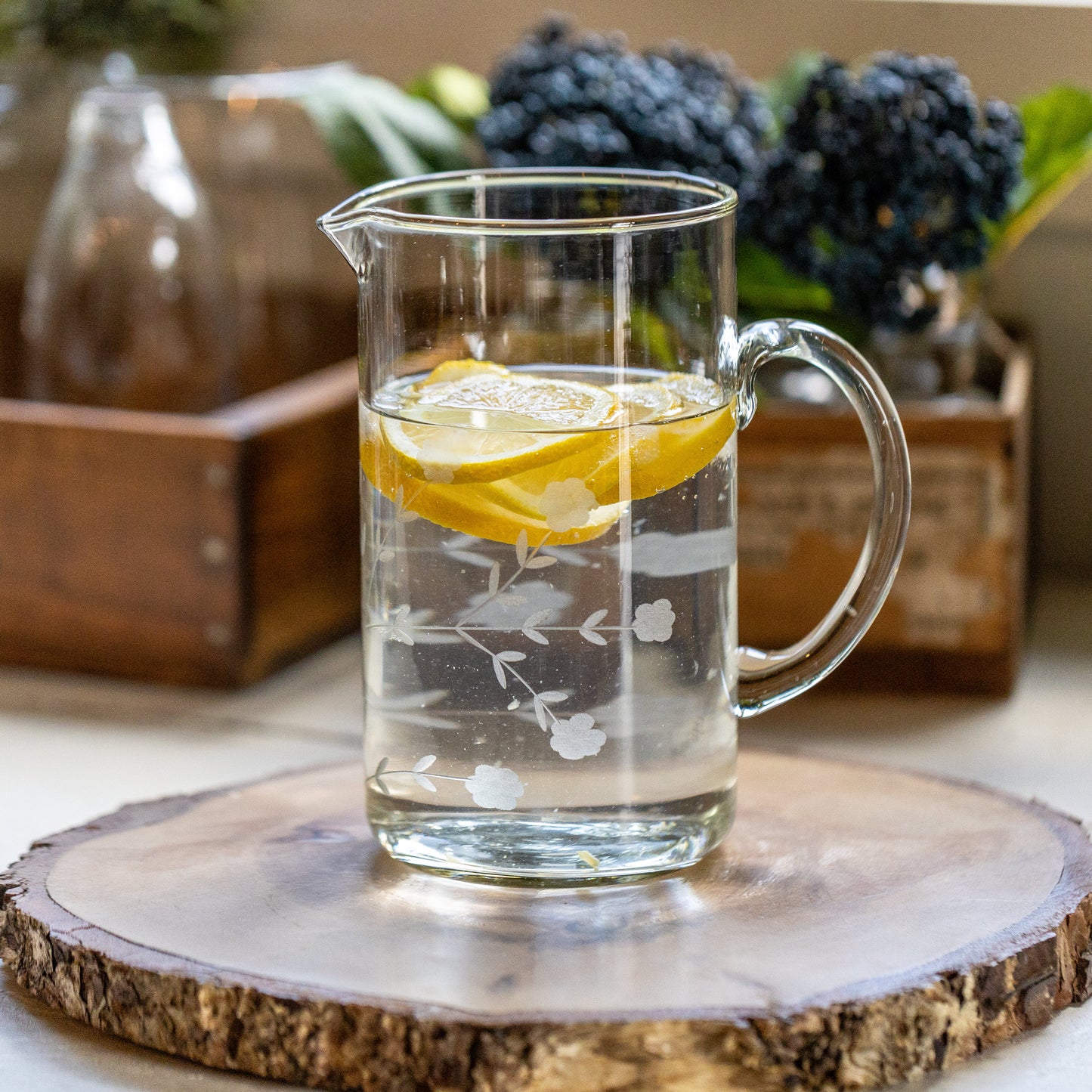 Etched Floral Glass Pitcher